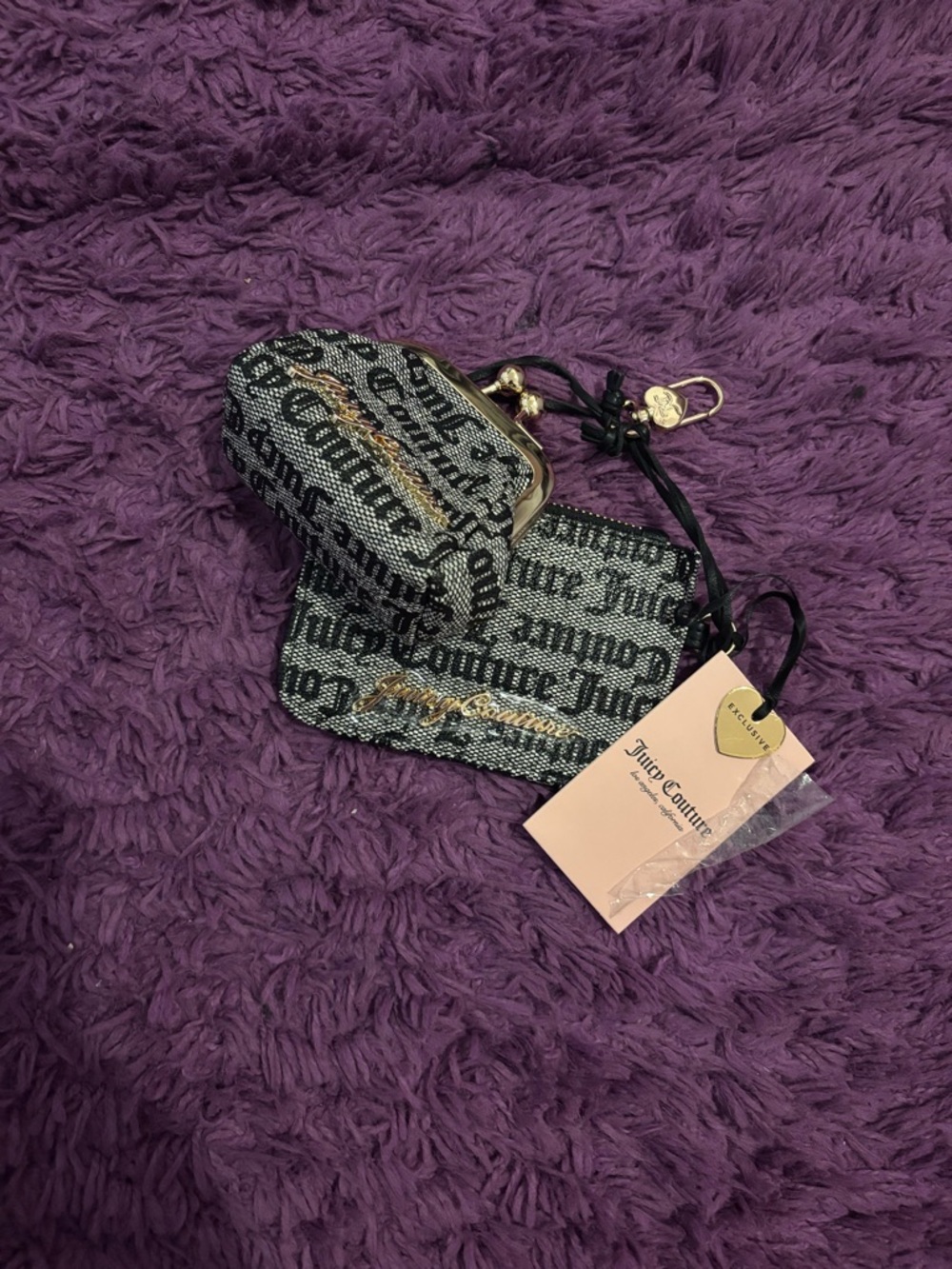 Juicy Couture Black & Gray Logo Mini Crossbody Pouch Set with Gold Hardware